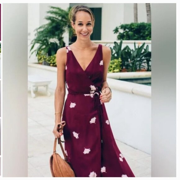 Ann Taylor Summer Blossom Oxblood Maroon Midi Tie Wrap Dress 2P - Picture 8 of 14